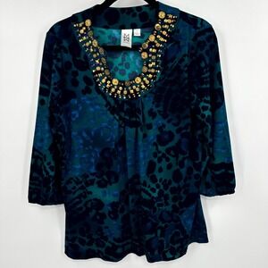 Marc Bouwer Blouse Womens Small Blue Leopard Stretch Embellished Horseshoe‎ Neck